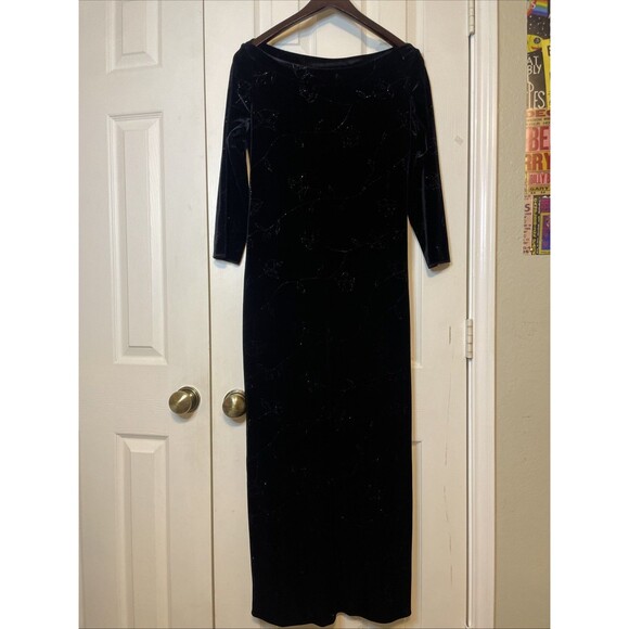 Positive Attitude Dresses & Skirts - Vintage 90s Positive Attitude Black Velvet Maxi Dress Floral Embroidery Y2K Glam